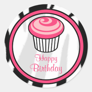 Pink Cupcake Birthday Sticker - Black Zebra Print