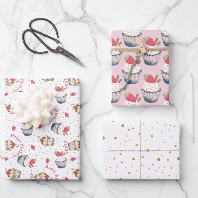 Pink Cupcake Birthday Wrapping Sheets – Cute Party (Front)