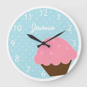 Pink Cupcake Blue Polka Dot Personalised Name Large Clock