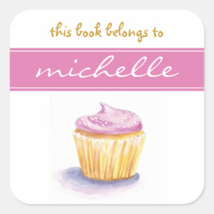 Pink cupcake bookplate square sticker