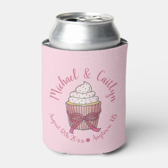 Pink Cupcake Bow Sprinkles Wedding Bridal Shower Can Cooler (Can Front)