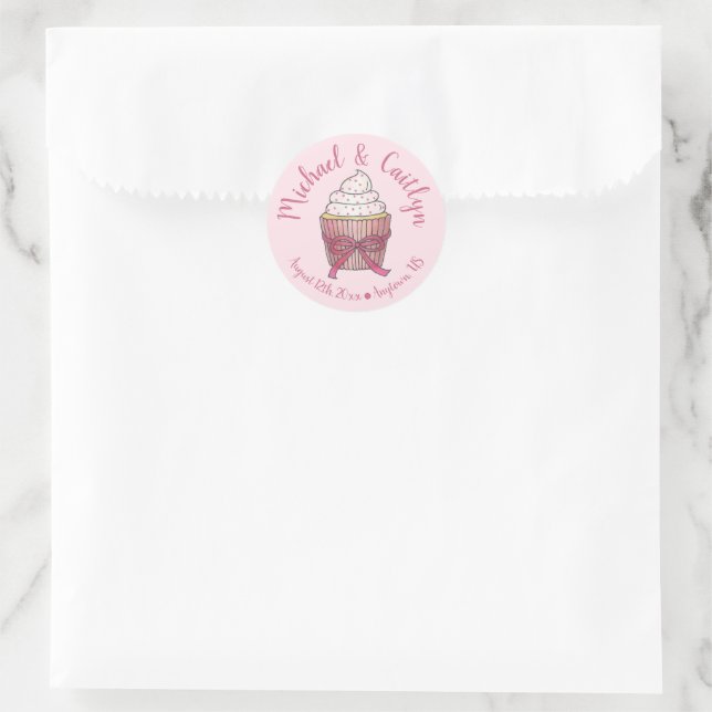 Pink Cupcake Bow Sprinkles Wedding Bridal Shower Classic Round Sticker (Bag)