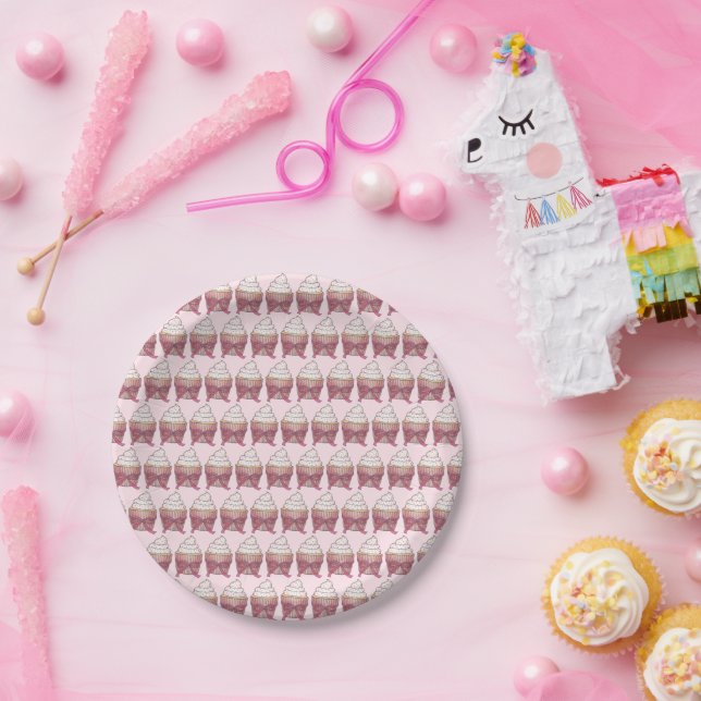 Pink Cupcake Bow Sprinkles Wedding Bridal Shower Paper Plate (Party)
