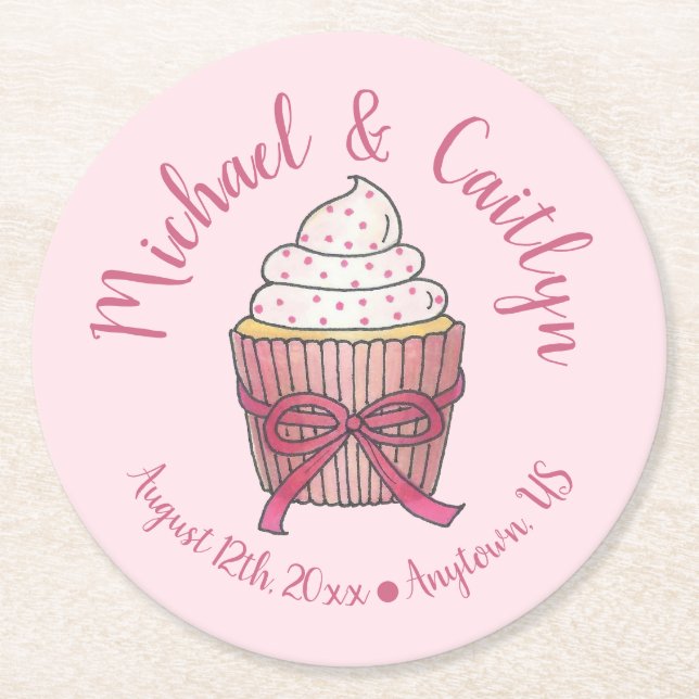 Pink Cupcake Bow Sprinkles Wedding Bridal Shower Round Paper Coaster (Front)