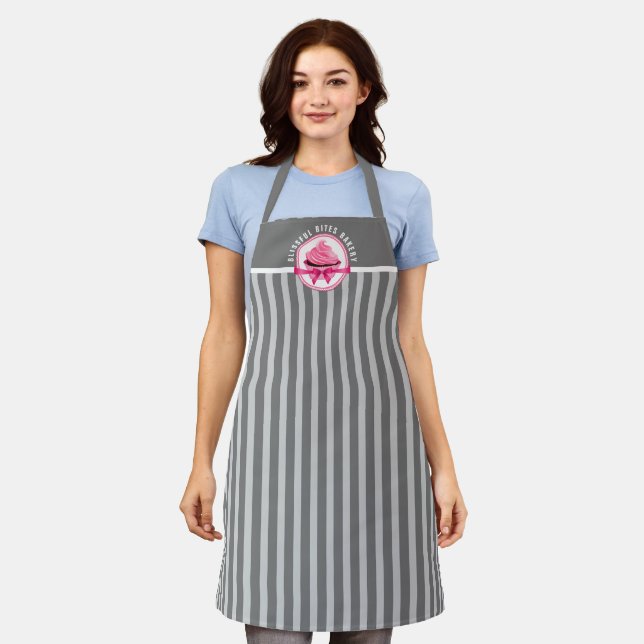 Pink Cupcake Curved Text Grey Stripes Bakery Apron (Worn)