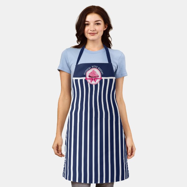 Pink Cupcake Curved Text Navy Blue Stripes Bakery  Apron (Worn)