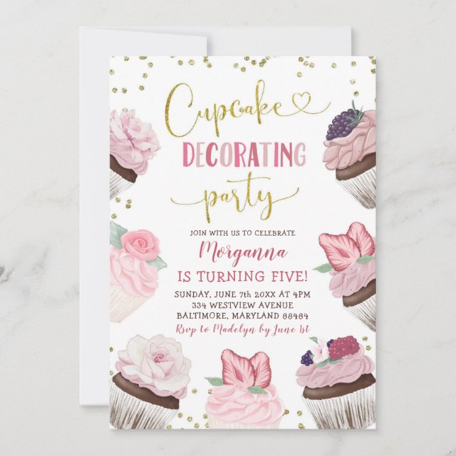 Pink Cupcake Decorating Party Birthday Invitation (Front)