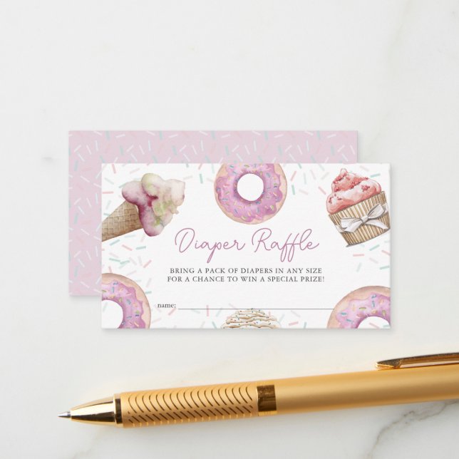 Pink Cupcake & Doughnut Baby Diaper Raffle Ticket Enclosure Card (Front/Back In Situ)