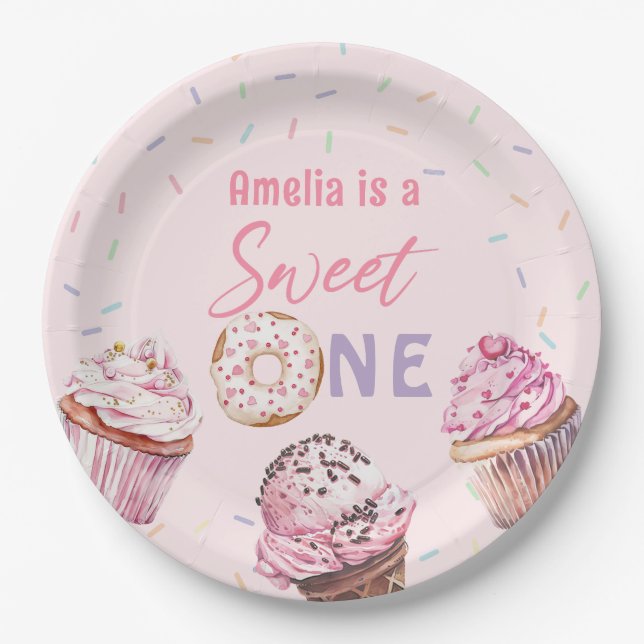 Pink Cupcake & Doughnut Birthday Paper Plates (Front)