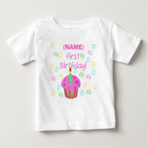 Pink Cupcake First Birthday Customised Baby T-Shirt