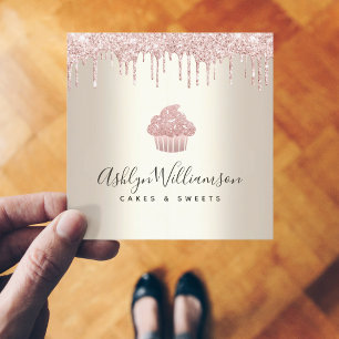 Pink Cupcake Glitter Drips Bakery Pastry Chef Gold Square Business Card