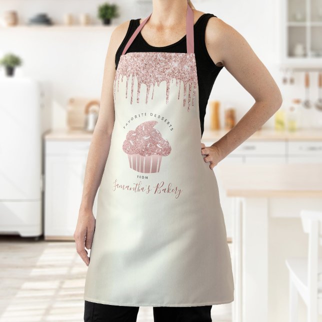 Pink Cupcake Glitter Drips Gold Bakery Pastry Chef Apron (Creator Uploaded)