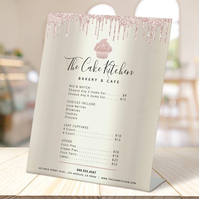 Pink Cupcake Glitter Drips Gold Menu Price List Pedestal Sign (Creator Uploaded)