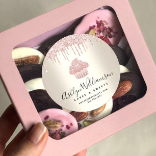 Pink Cupcake Glitter Drips Pastry Chef Bakery Gold Classic Round Sticker