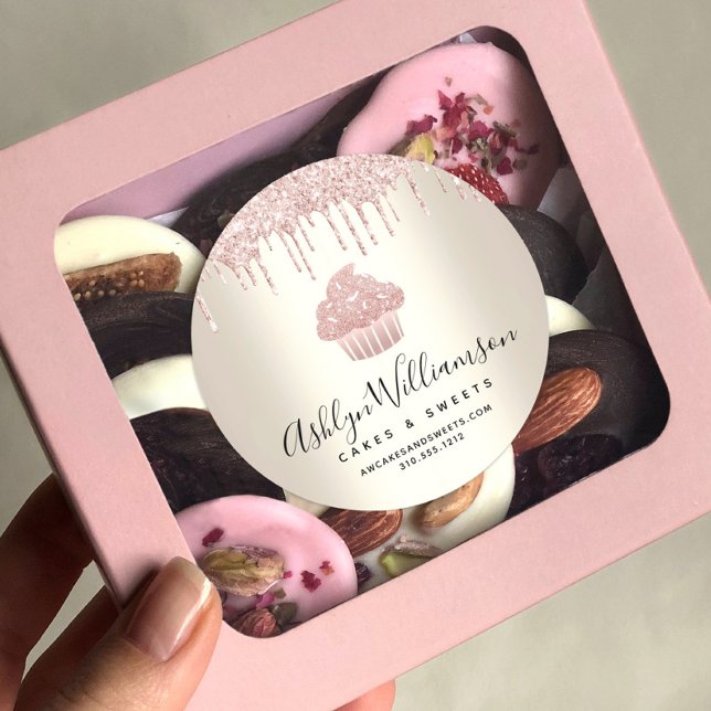 Pink Cupcake Glitter Drips Pastry Chef Bakery Gold Classic Round Sticker (Creator Uploaded)