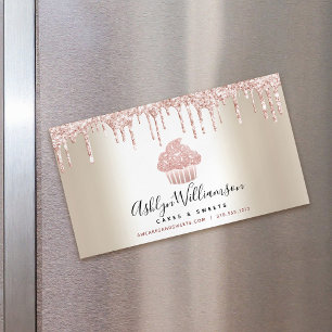 Pink Cupcake Glitter Drips Pastry Chef Bakery Gold Magnetic Business Card