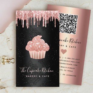 Pink Cupcake Glitter Drips QR Code Bakery on Black Business Card