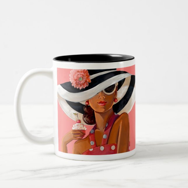 Pink Cupcake Lady by Trish Biddle Two-Tone Coffee Mug (Left)