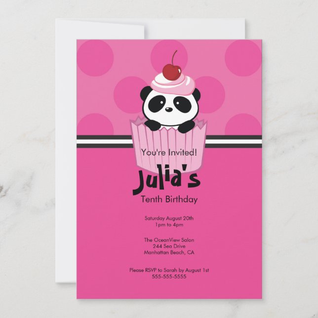 Pink Cupcake Panda Birthday Party Invitation (Front)