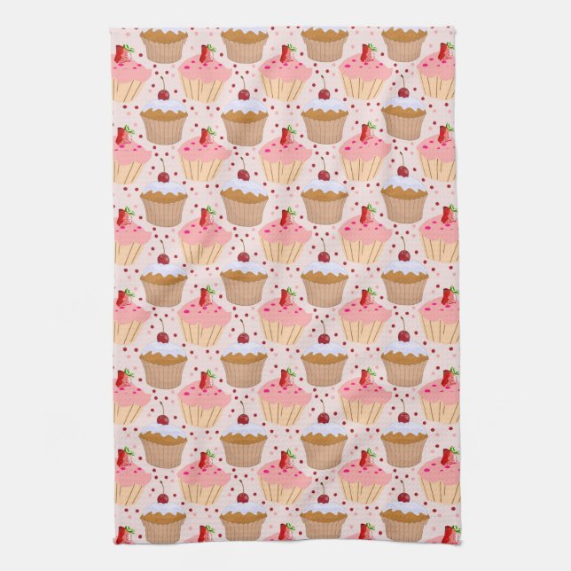 Pink Cupcake Pattern Tea Towel (Vertical)