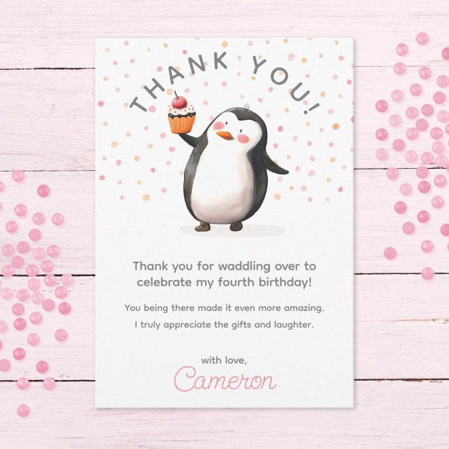 Pink cupcake penguin celebration girl's birthday thank you card (Creator Uploaded)