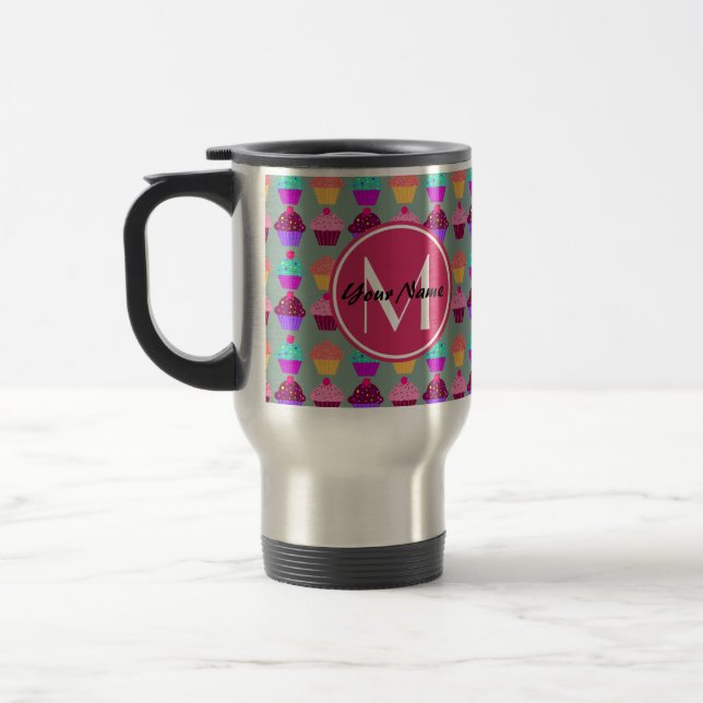 Pink Cupcake Personalised Name, Custom Monogram Travel Mug (Left)