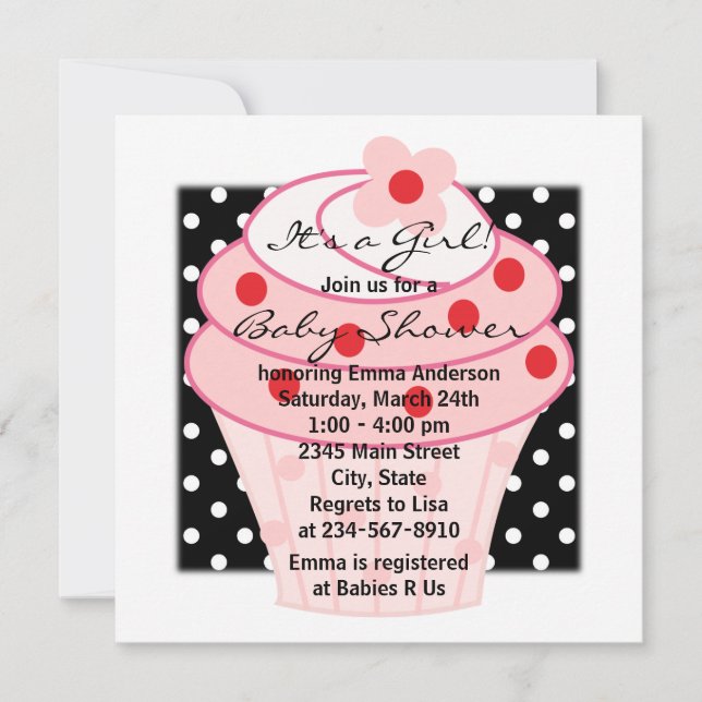 Pink Cupcake Pink Black Polka Dot Baby Shower Invitation (Front)