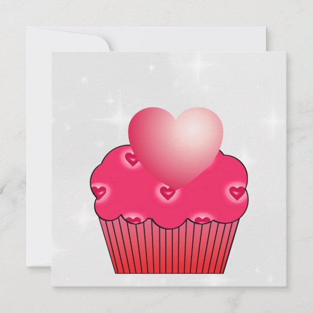 Pink Cupcake Red Hearts Valentines Card (Front)