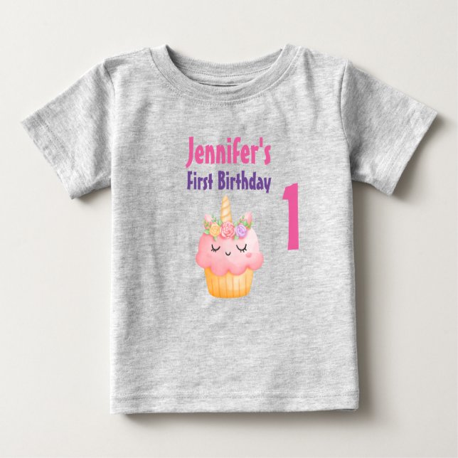 Pink Cupcake Unicorn with Roses Birthday Baby T-Shirt (Front)