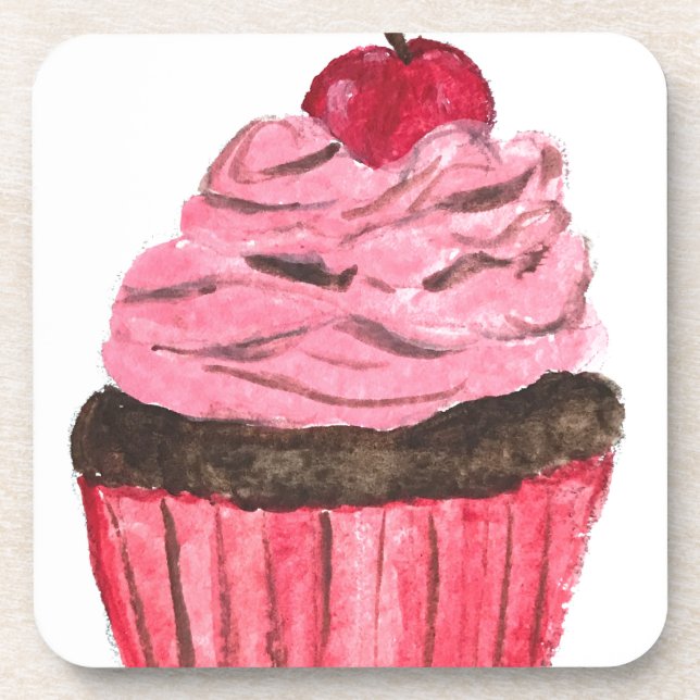 Pink cupcake watercolour painting coaster (Front)