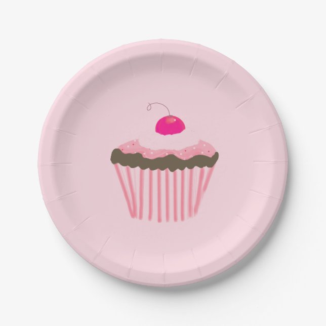 Pink Cupcake with a Cherry on Top Paper Plate (Front)