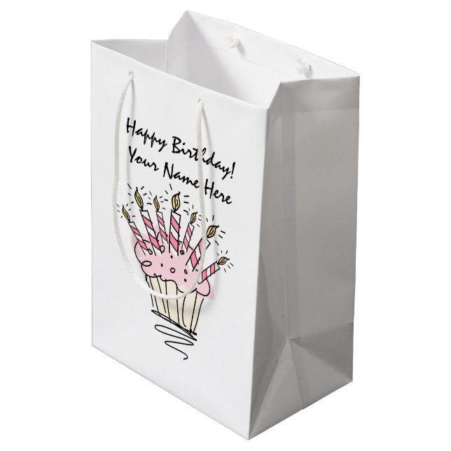 Pink cupcake with Birthday candles personalised Medium Gift Bag (Back Angled)