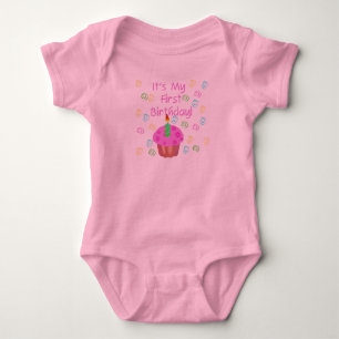 Pink Cupcake With Candle First Birthday Baby Bodysuit