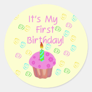 Pink Cupcake With Candle First Birthday Classic Round Sticker