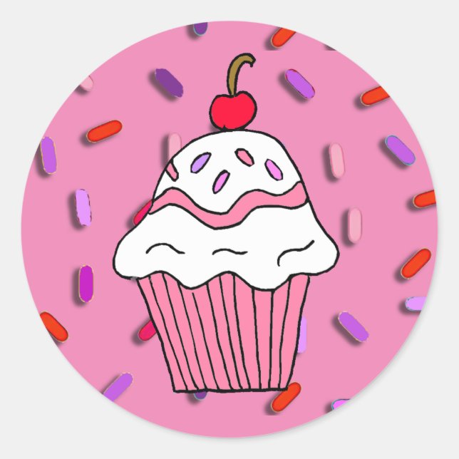 Pink Cupcake with Candy Sprinkles Classic Round Sticker (Front)