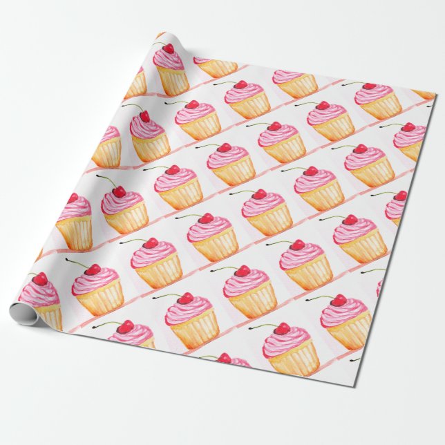 Pink cupcake with cherry Baking Party Festive Wrapping Paper (Unrolled)