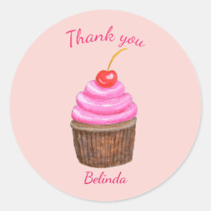 Pink Cupcake with Cherry customizable Favor   Classic Round Sticker