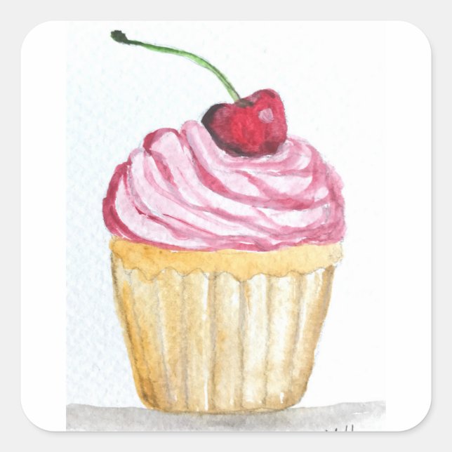 Pink cupcake with cherry dessert sweet cake square sticker (Front)