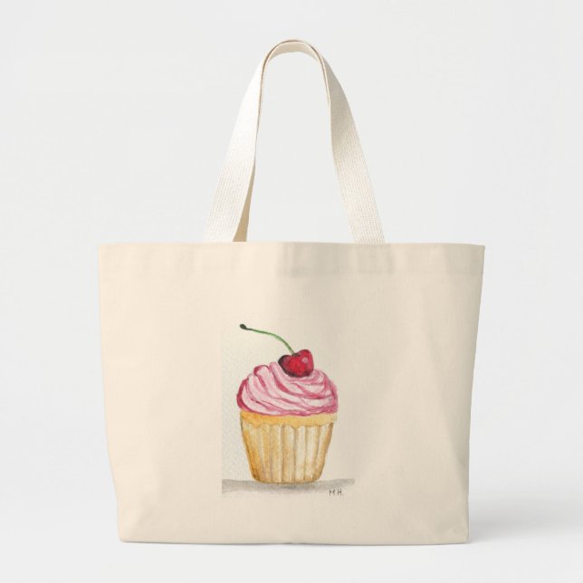 Pink cupcake with cherry large tote bag (Front)