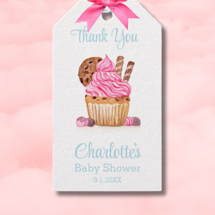Pink Cupcake With Chocolate Baby Shower Thank You Gift Tags