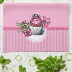 Pink Cupcake with Flowers Kitchen Towel