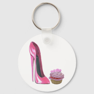 Pink Cupcake with Hearts and Pink Stiletto Shoe Key Ring