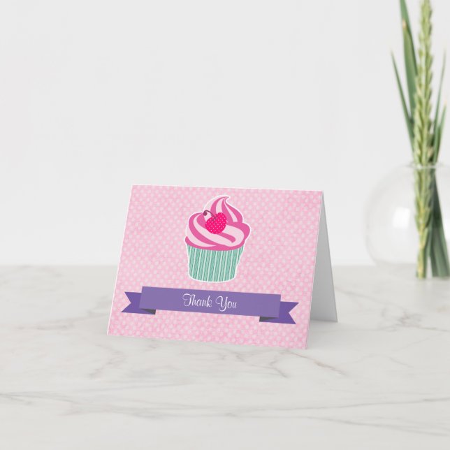 Pink Cupcake WIth Polka Dot Cherry Thank You Card (Front)