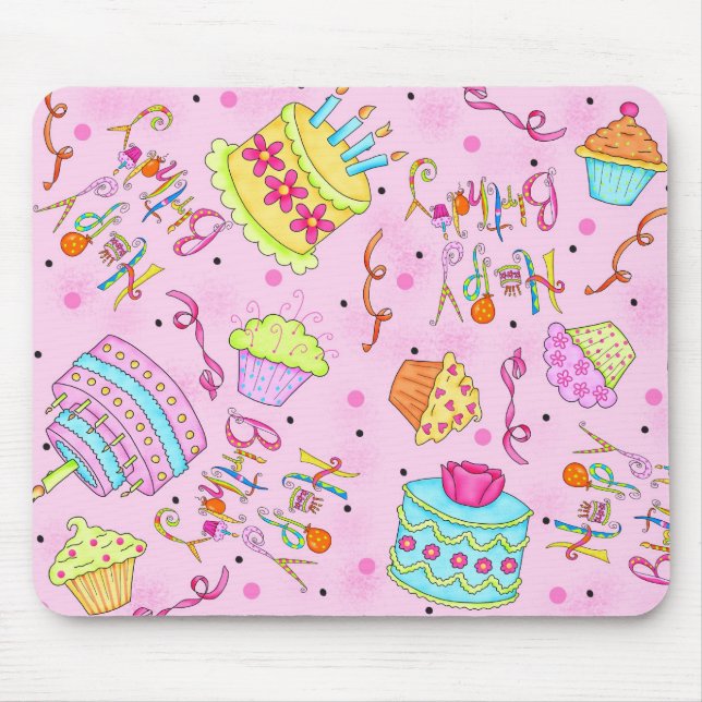 Pink Cupcakes and Cake Happy Birthday Mouse Pad (Front)