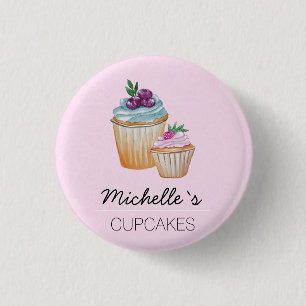 Pink CupCakes And Fruits Watercolor 3 Cm Round Badge