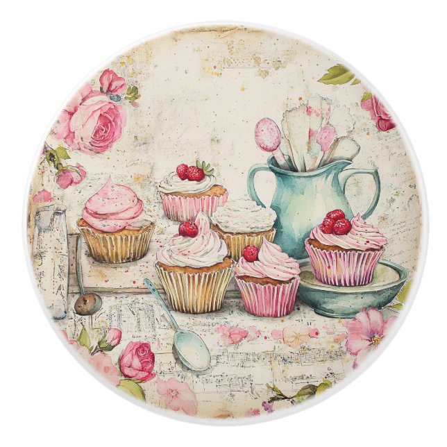 Pink Cupcakes  Ceramic Knob (Front)