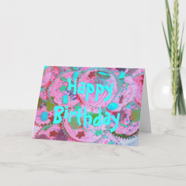 Pink Cupcakes 'Happy Birthday' blue card (Front)