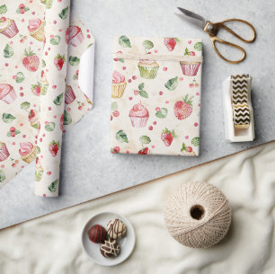 Pink Cupcakes Strawberries Birthday Wrapping Paper