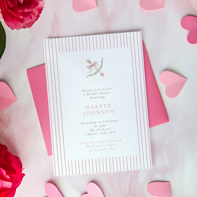 Pink Cupid Arrow & Stripes Valentine Bridal Shower Invitation (Creator Uploaded)