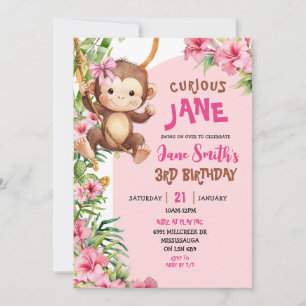 Pink Curious Monkey Safari Theme Birthday Invitation